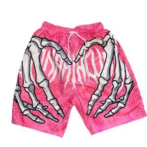 Romwe Mens Sz L Casual Skull Hands Paisley & Letter Printed 2-1 Basketball Short